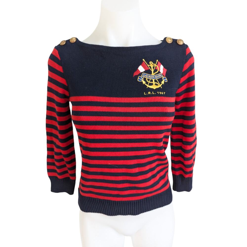 Ralph Lauren Petite Nautical Embroidered Flag Crest Sweater Top Red Blue Cotton